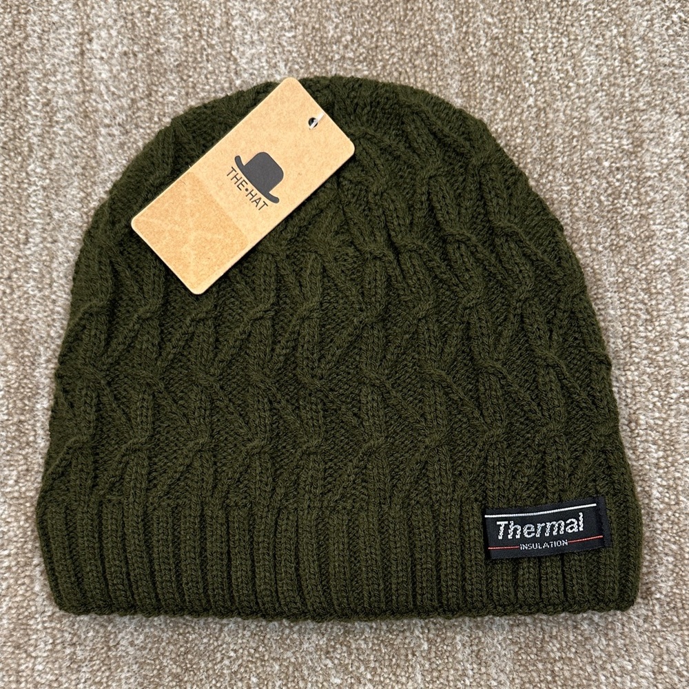 The Hat NWT Olive Green Cableknit Thermal Insulation Winter Warm Beanie One Size